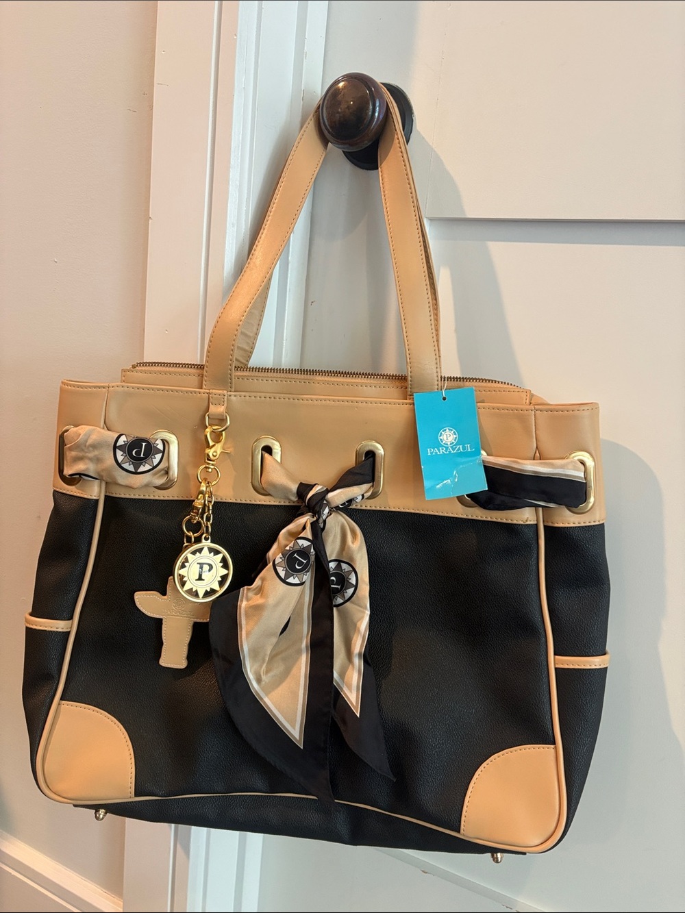 Parazul NWT Tan and Black Women's Tote Bag with Original Charms & Silk Scarf